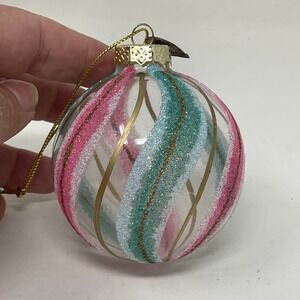 Thomas Pacconi Pink Teal Glitter Swirl Hand Blown Glass Christmas Ornament